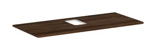 Hansgrohe Konsole in Dunkel-Nussbaum mit mittigem Ausschnitt für Aufsatzwaschtisch und einem Hahnloch. Flache, rechteckige Form.